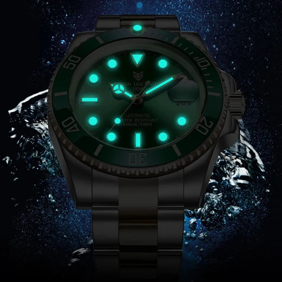 LIGE reloj automático para hombre, contra agua hasta 100 ATM, elegante, luminoso. REL-023 - Gifteando