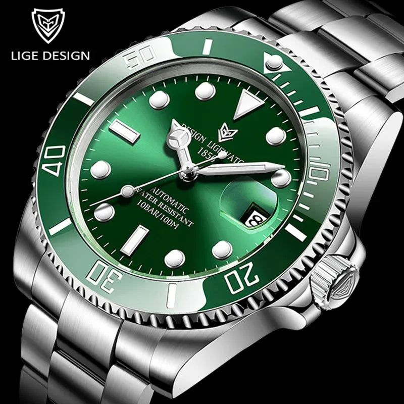 LIGE reloj automático para hombre, contra agua hasta 100 ATM, elegante, luminoso. REL-023 - Gifteando