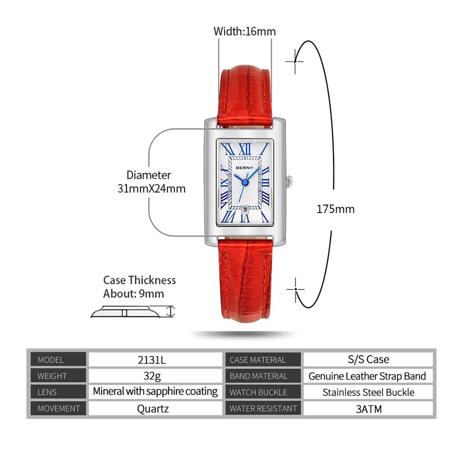 BERNY reloj de cuarzo dama, rectangular, Diseño Elegante con Cristal de Zafiro y Resistencia al Agua. REL-064 - Gifteando