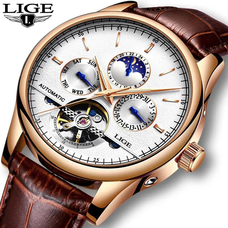 LIGE Reloj para hombre, automático, pulsera retro de cuero, impermeable. REL-021 - Gifteando