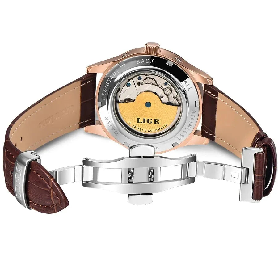 LIGE Reloj para hombre, automático, pulsera retro de cuero, impermeable. REL-021 - Gifteando