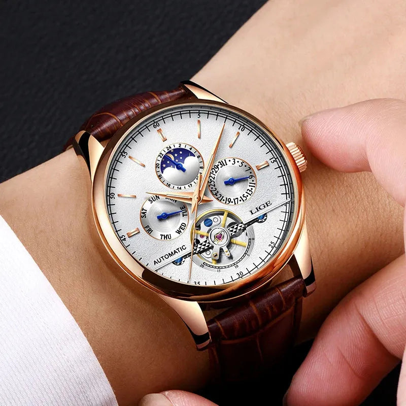 LIGE Reloj para hombre, automático, pulsera retro de cuero, impermeable. REL-021 - Gifteando