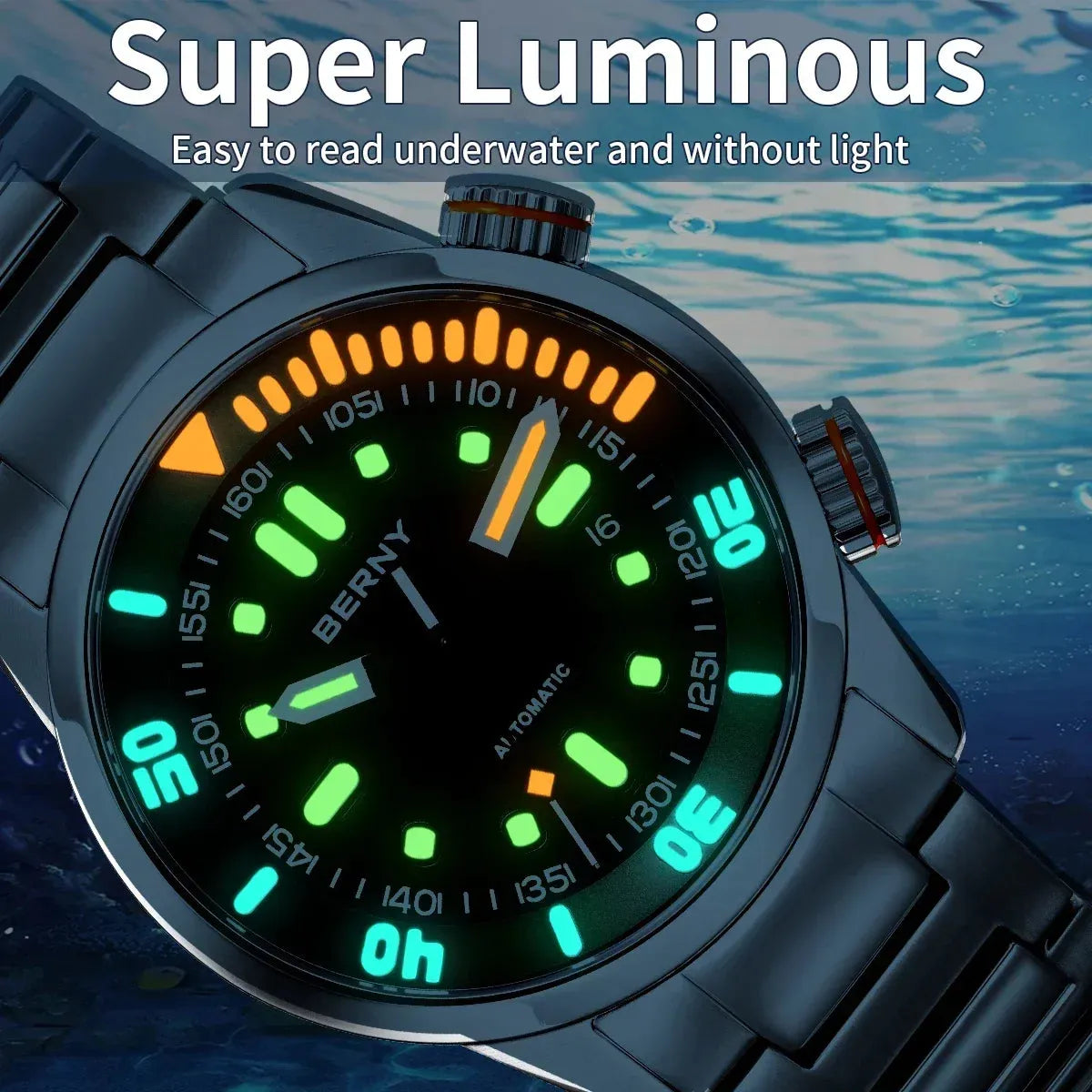 BERNY automático para hombre, diseño original superluminoso, 20 ATM, cristal zafiro. REL-070 - Gifteando