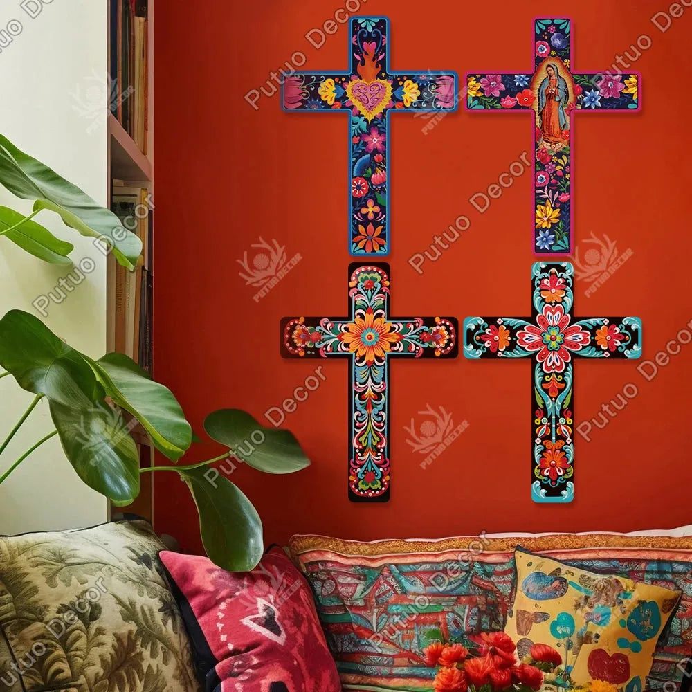 Crucifijo de Madera con Diseño Mexicano para Decoración de Pared - Gifteando